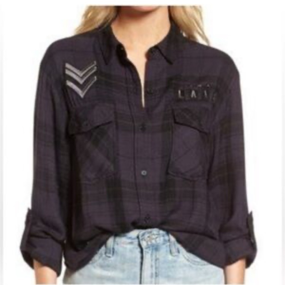 Rails Womens Dark Charcoal Gray Plaid Button-Down Shirt with Patch Details M